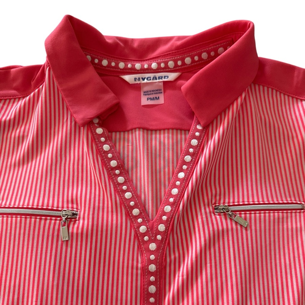 Nygard Top Blouse Tunic Women Petite M Striped Pink White 3/4 Sleeve Stretch - Picture 7 of 14